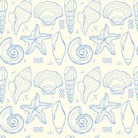 Seamless pattern of hand drawn sea shells on a light coloured background vector