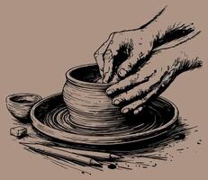 hand drawing of a potter's hand making a pot on a potter's wheel vector
