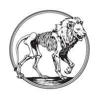 Black and white Emaciated lion with visible ribs and skull walking gracefully in a desolate landscape illustration vector