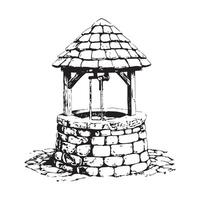 Ancient water well Black and White Stock image on white background. vector