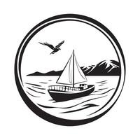 Black and White Sail boat logo in circle shape illustration design Stock Image on white background vector