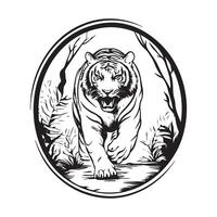 Logo Design of a Tiger Stalking Its Prey in the Forest within a Circle isolated on white background. vector