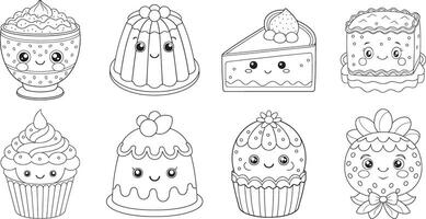 A cheerful collection of cupcakes, cakes, and jellies with big happy eyes, perfect for coloring pages, showcasing simple line art and charming characters. vector