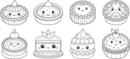 Adorable kawaii pastries, a delightful collection of smiling mini cakes and pies, perfect for baking inspiration or coloring fun, in simple line art style. vector