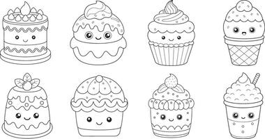 Adorable kawaii Dessert Collection With cakes, cupcakes, and ice cream treats, perfect for coloring pages, displayed in a simple clean line art style. vector