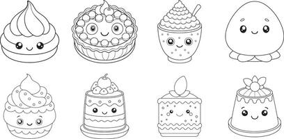 Adorable kawaii desserts, a delightful collection of cute pastries and treats with happy faces, perfect for coloring pages or sweet designs. vector