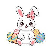 Cute White Easter Bunny with Pink Bow and Colorful Eggs vector