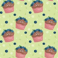 Pattern with blueberry muffin on green background, summer pattern vector