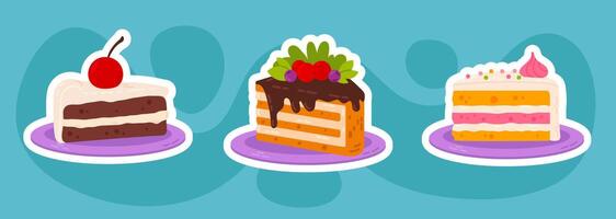 A set of three colorful cake slice stickers with different flavors and toppings. Playful and bright digital illustration, perfect for party designs, bakery branding, and digital assets. vector