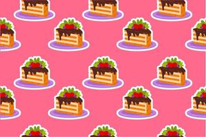 A seamless pattern with cute chocolate-drizzled cake slices topped with berries. Ideal for party prints, fabric designs, wallpaper, and wrapping paper vector