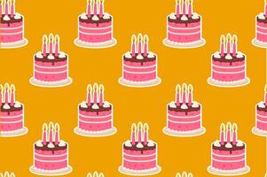 Seamless Pattern of Birthday Cakes with Candles on yellow background vector