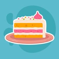 A delicious slice of layered sponge cake with pink and white icing, decorated with sprinkles and cream. Playful and vibrant digital illustration, ideal for bakery-themed designs and stickers vector
