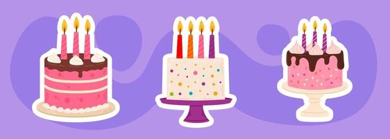 A set of three adorable birthday cake stickers with lit candles. Colorful and playful digital illustration in cartoon style, perfect for party decorations, prints, and digital assets vector