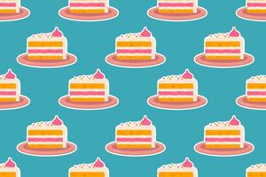 A seamless pattern featuring cute cartoon-style cake slices with cream and sprinkles. Perfect for wrapping paper, fabric prints, wallpapers, and party decorations vector