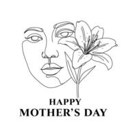 Mother's Day Greeting Card with Line Art Face and Lily Flower vector