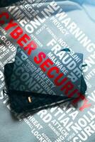 Top view of laptop with system hacked alert hologram interface. Compromised information concept. Internet virus cyber security and cybercrime. photo