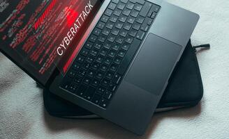 System hacked warning alert on Laptop. Cyber attack alert concept. Virus, Spyware, Malware or Malicious software. Compromised information internet. photo
