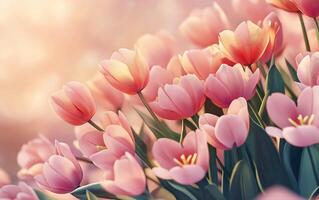 Beautiful and nice bunch of pink flowers wallpaper with empty space for product or lettering. Mothers Day header concept. Bokeh background. photo