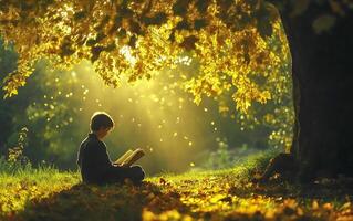 Kid reading a book in a beautiful park. photo