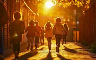 Cheerful multiethnic kids playing running on blurred background in park. Horizontal view. photo
