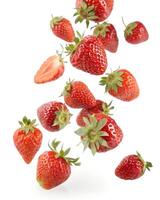 Fresh Strawberries Floating and Falling on White photo
