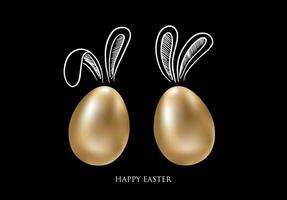 Set of rabbits's ears with Gold eggs, Happy Easter. Hand drawn illustration. vector