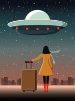 Young girl with a yellow suitcase is waiting for her flight on a spaceship to the planet of dreams. vector