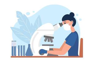 Laboratory concept. Woman microbiologist with microscope. vector