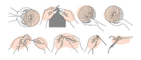 Set of contour illustrations Crochet and Knitting. Hands with skeins, hands with knitting needles and crochet. Hobby concept. Icons vector