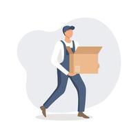 Man in overalls carry box. The concept of cargo transportation and delivery. Illustration vector
