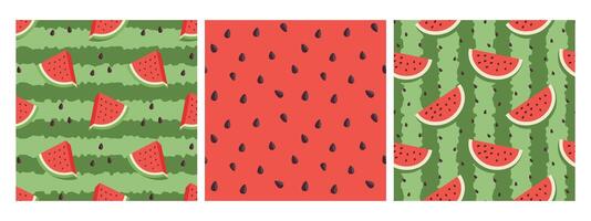 Set of seamless patterns with watermelons, watermelon slices, watermelon rinds and seeds. Green and fresh watermelon texture background. vector