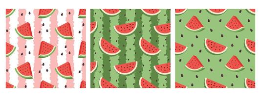 Set of seamless patterns with watermelons, watermelon slices, watermelon rinds and seeds. Green and fresh watermelon texture background vector
