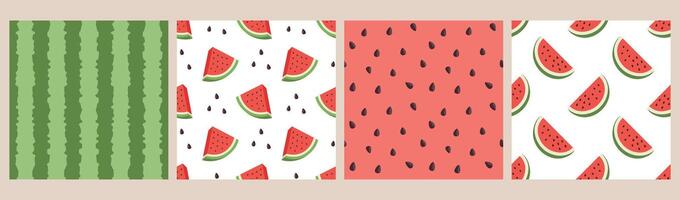 Set of seamless patterns with watermelons, watermelon slices, watermelon rinds and seeds. Green and fresh watermelon texture vector