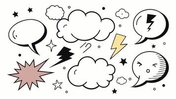 Comic book explosion with speech bubbles, ink splashes, and communication elements in a vibrant, cartoon style vector