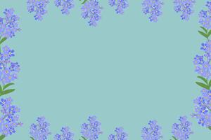 A floral frame featuring forget-me-not flowers in blue purple around a light blue background. The flowers are depicted in a simple,flat,for invitations,greeting cards,poster template,botanical banner vector