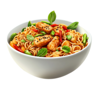 Delicious Asian Noodle Bowl with Vegetables and Chicken png