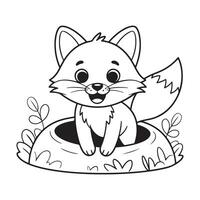 Cute Black and White Coloring Page of a Fox in a Burrow vector