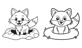 Cute Cartoon Foxes in Different Settings - Coloring Page vector
