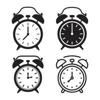 Set of four simple, black and white alarm clock icons, displaying different time vector