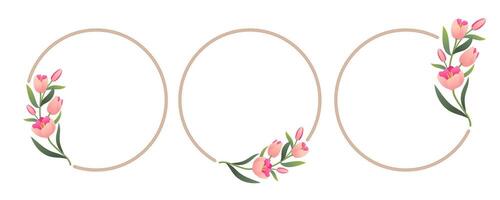 Minimalist tulips and rope frame. Elegant floral circle borders template set for wedding, cards, invitations, prints and more. vector