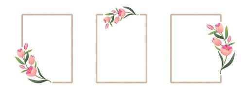 Minimalist tulips and rope frame. Elegant floral rectangle borders template set for wedding, cards, invitations, prints and more. vector