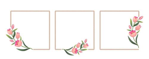 Minimalist tulips and rope frame. Elegant floral square borders template set for wedding, cards, invitations, prints and more. vector