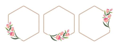 Minimalist tulips and rope frame. Elegant floral hexagon borders template set for wedding, cards, invitations, prints and more. vector