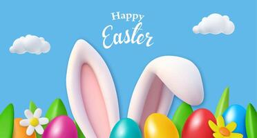 3d bunny ears and colorful eggs in a grass. vector