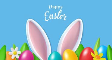 3d bunny ears and colorful eggs in a grass. Egg hunt party banner, invitation or greeting card design. vector