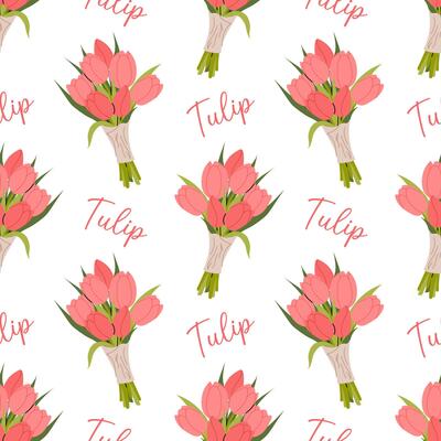 Seamless pattern with red tulip bouquets on white background. Spring flowers. For textiles, packaging, wallpapers and floral designs.