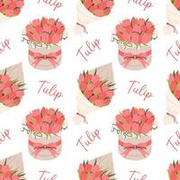 Pattern with tulip bouquets wrapped in craft paper and elegant round gift box. Spring flowers. For textiles, packaging, and floral designs. vector