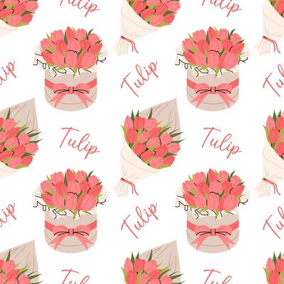 Pattern with tulip bouquets wrapped in craft paper and elegant round gift box. Spring flowers. For textiles, packaging, and floral designs.