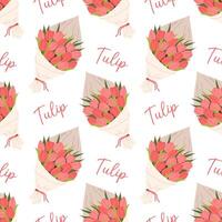Pattern with tulip bouquets wrapped in craft paper on white background. For textiles, packaging, and floral designs. vector