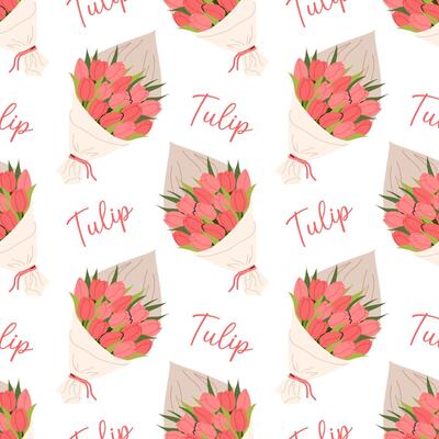 Pattern with tulip bouquets wrapped in craft paper on white background. For textiles, packaging, and floral designs.